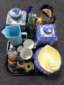 A tray of ceramic ornaments, china, commemorative beaker,