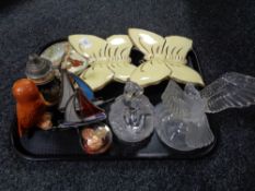 A tray of Royal Doulton dish, owl ornament, ceramic butterflies,