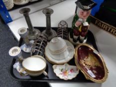 A tray of Carlton ware Rouge Royale dish, Staffordshire Toby jug, pewter candlesticks,