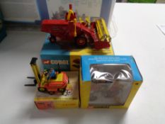 A Dinky toys conveyancer forklift truck together with Corgi toys, Massey Ferguson 165 tractor,