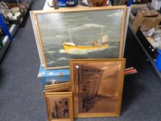 A vintage trunk together with copper finished pictures depicting Glasgow Cathedral etc,