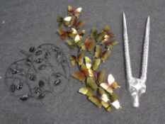 Three pieces of wall art, butterflies,