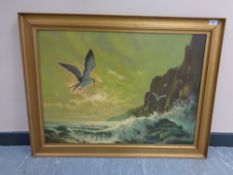 Twentieth Century School : Seascape with Seagulls and Cliffs, oil on board,