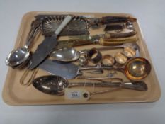 A collection of antique and later cutlery, basting spoon, horn handled scoup etc.
