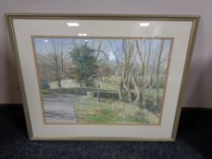 A decorative gilt framed picture, oil on canvas of a flower, watercolour drawing of a bridge,