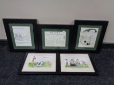 Three monochrome humorous prints and a pair of prints depicting cattle