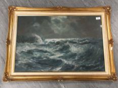John Falconar Slater (1857-1937) : Seascape with Crashing Waves under Stormy Sky, oil on canvas,