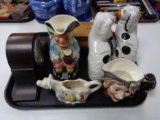 A tray of Staffordshire dog figures, Beswick character jug,
