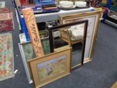 A gilt framed oil on canvas of woodland together with a mirror, colour poster,