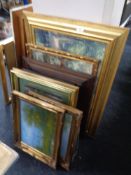 A quantity of pictures and prints, gilt framed oil on canvas depicting lakes,