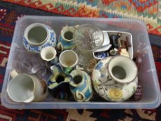 A box of china and glass ceramic vases, crystal vase,