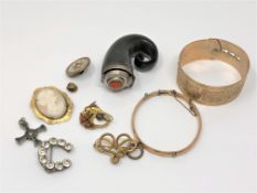 A silver mounted snuff mull, plated bangle,