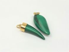 Two gold mounted malachite pendants (2)