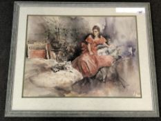 After Gordon King : A Portrait of a Lady Wearing a Red Dress in Her Bedroom with a Cat,