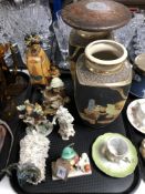 A tray of continental figures, pair of Japanese vases, pottery figure of a sheep,