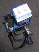 A crate of cameras to include Sony Handycam, cameras,