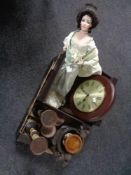 A box of candlesticks, composite cherub vase, wall clock, place mats, storage box,