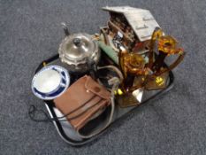 A tray of pair of amber glass Art Deco candlesticks, cloisonne finger bowl, cuckoo clock,