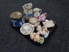 A tray of ceramics including lidded biscuit barrel, Masons Regency jug, Italian chalk wall plaque,