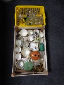 A crate and basket containing tea china, continental figurine,