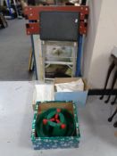 A folding Workmate together with a print of an owl, folding stool steps, Christmas tree stand,