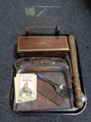 A tray of wooden truncheon, wooden and copper scoop, photo frame, Guinness beer mats,