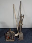 A box of vintage hand tools, chisels, wood working planes,