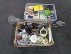 Two crates of assorted books, novels, miscellaneous china, angle poised lamp, iron,