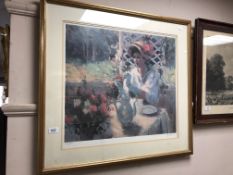 After Louis Van Der Beefen : Lady with flowers, colour print, signed in pencil, 1610/1950,