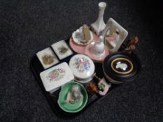 A tray of assorted ceramics to include Maling lustre sandwich plate, Aynsley vases, trinket dishes,