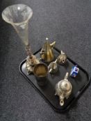 A tray of metal wares including single epergne with etched glass flute, plated tea service,