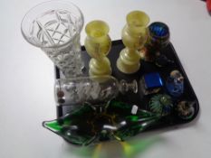 A tray of assorted glass ware Mdina and other paperweights, ship in bottle,