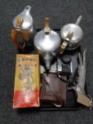 A tray of three pieces of piquet ware, vintage cameras, boxed Spong mincer,