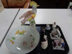 A tray of continental figurines, 19th century floral bowl,
