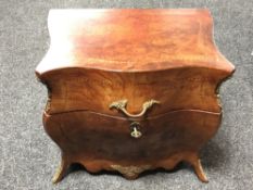 A French style decanter box with decanters and glasses, height 35 cm, width 40 cm, depth 27 cm.