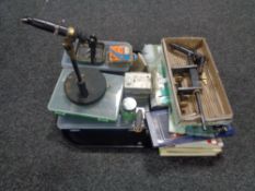 A tray of fishing equipment, fly making tools, fishing books,