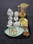 A tray of Maling cup and saucer, Maling ash tray, Carlton ware dish, Art Deco pottery jug,