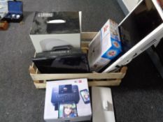 A box of two LCD TV, mini fridge, Bissel carpet sweeper,