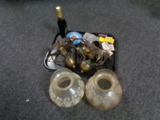 A tray of two hanging light fittings with glass shades, vintage tape measures,