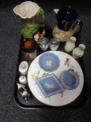 A tray of Royal Doulton Lambeth teapot, Wedgwood trinket dishes, Evesham plate,