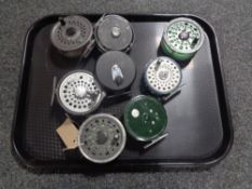 A tray of eight fly fishing reels to include Rim Fly Concept 395, with spare spool, Olympic 4320,