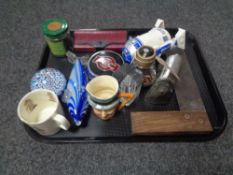 A tray of joiner's set square, Aec truck badge, character jug, fish ornament,