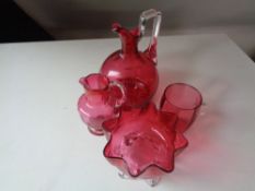 Four pieces of antique cranberry glass ware (a/f)