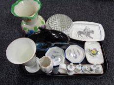 A tray of assorted china to include Poole dolphin, Shelley octagonal trinket dishes,