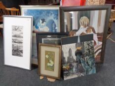 Eight assorted framed pictures to include Disney Snow White poster, contemporary art,