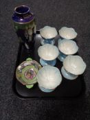 A tray of Maling butterfly pattern vase on blue ground,