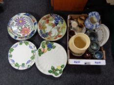 A quantity of continental bowls and plates together with a further box of pottery vase, mugs,