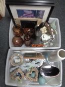 Three boxes of a large quantity of glass vases, ornaments, pictures, kitchen storage jars, candles,