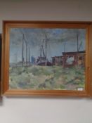 Continental school : Boat yard, oil on canvas, framed.