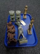 A tray of carved eastern wooden figure of an Oriental elder, pair of polished stone dogs,